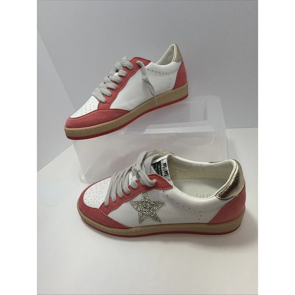 Mimi Women's Avery Leather Sneaker White/Salmon Pink with Sparkly Star Size 9